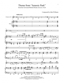 page one of Theme From "Jurassic Park" (Clarinet and Piano)