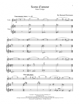 page one of Scene D'Amour (from Vertigo) (Violin and Piano)