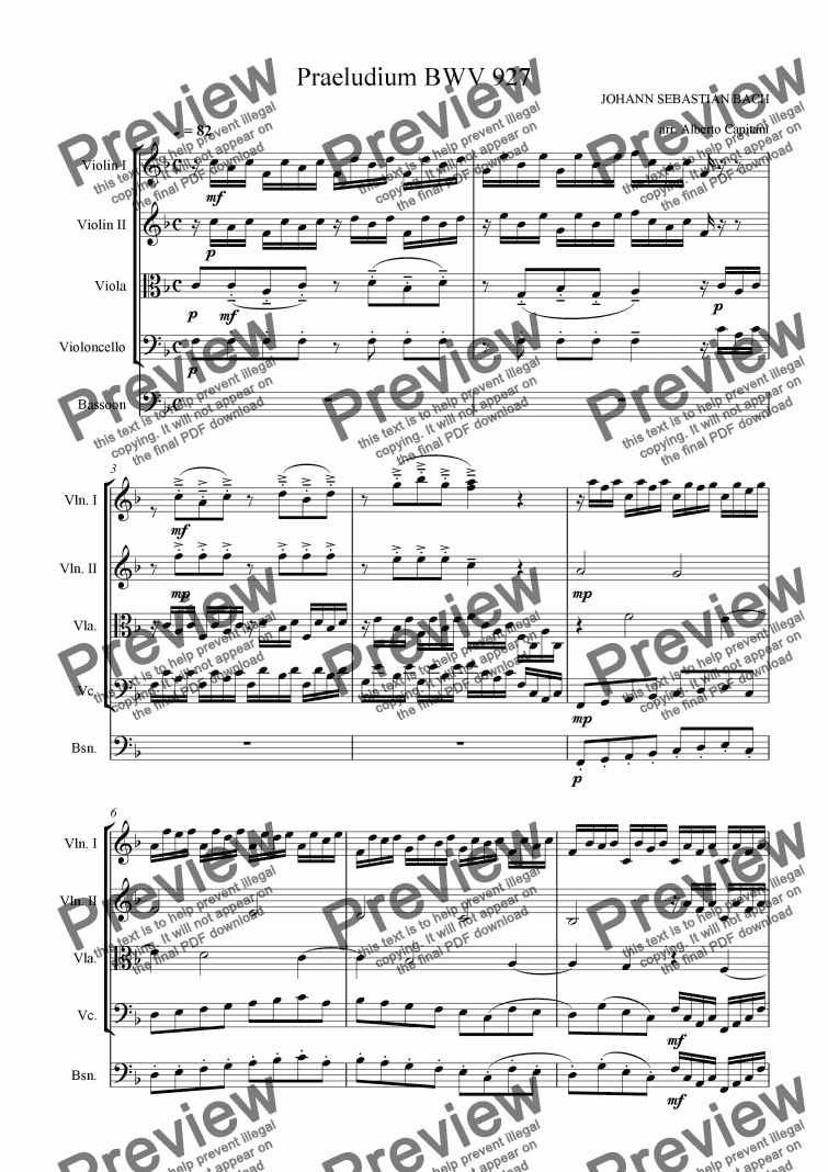 page one of Praeludium BWV 927 - arr. for string quartet and bassoon