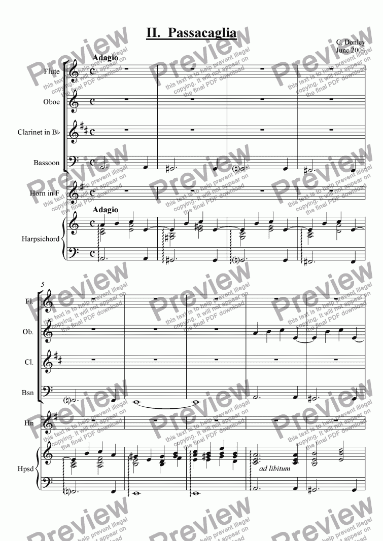 page one of Concerto for Wind Quintet and Keyboard in C, mvt. 2 (Passacaglia)