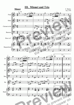 page one of Concerto for Wind Quintet and Keyboard in C, mvt. 3 (Minuet and Trio)