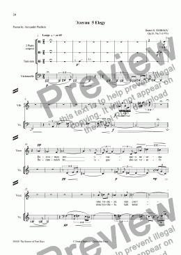 page one of SORROW OF PAST DAYS (Pushkin) op20/5. Elegy. Voice, fl, perc, vln, vc
