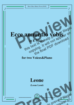 page one of Leoni-Ecce annuntio vobis,in E Major,for two Voices&Piano