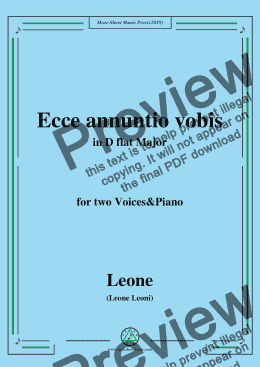page one of Leoni-Ecce annuntio vobis,in D flat Major,for two Voices&Piano