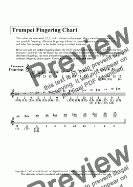 page one of trumpet fingering chart handout - FREE - alternate fingerings also included
