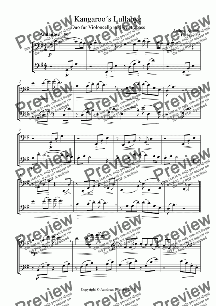 page one of Kangaroo´s Lullabye for cello and contrabass