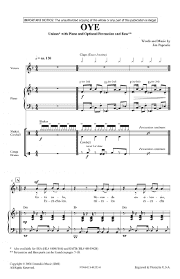 page one of Oye (Unison Choir)