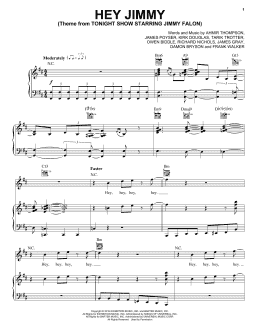 page one of Hey Jimmy (Theme from Tonight Show Starring Jimmy Fallon) (Piano, Vocal & Guitar Chords (Right-Hand Melody))