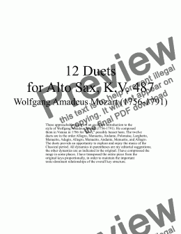 page one of 12 Duets for Alto Sax - Twelve saxophone duets by Mozart, KV 487