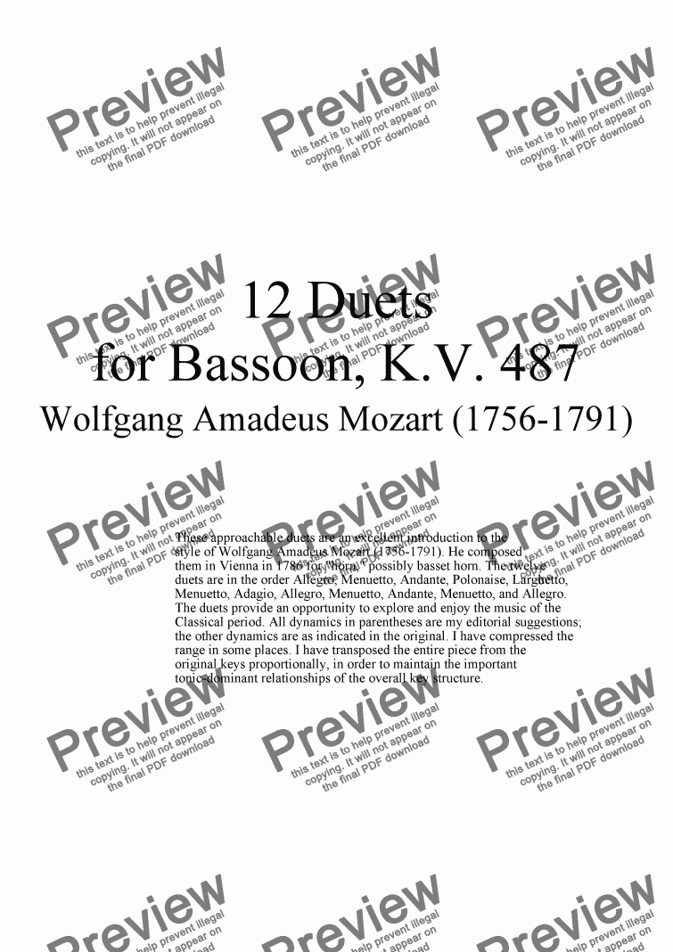 page one of 12 Duets for Bassoon - Twelve duets by Mozart, KV 487