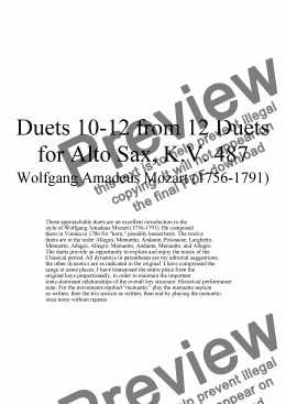 page one of Duets 10-12 from 12 alto sax duets - Twelve duets for saxophone by Mozart, KV 487