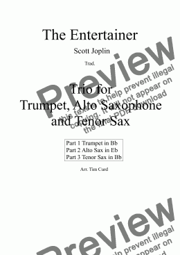 page one of The Entertainer. Trio for Trumpet, Alto Saxophone and Tenor Saxophone