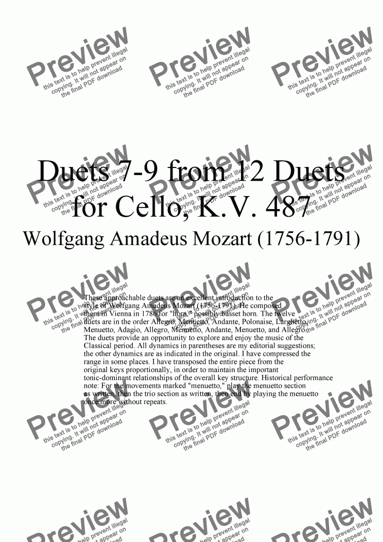 page one of Duets 7-9 from 12 cello duets - Twelve duets for violoncello by Mozart, KV 487