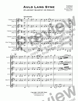 page one of Auld Lang Syne (Clarinet Quartet or Group)