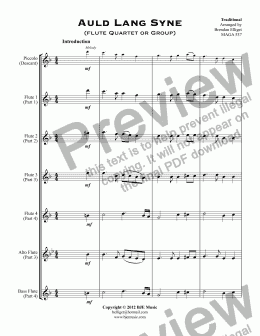 page one of Auld Lang Syne (Flute Quartet or Group)