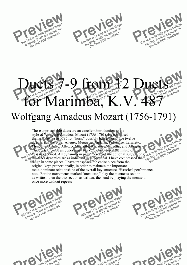 page one of Duets 7-9 from 12 marimba duets - Twelve duets by Mozart, KV 487