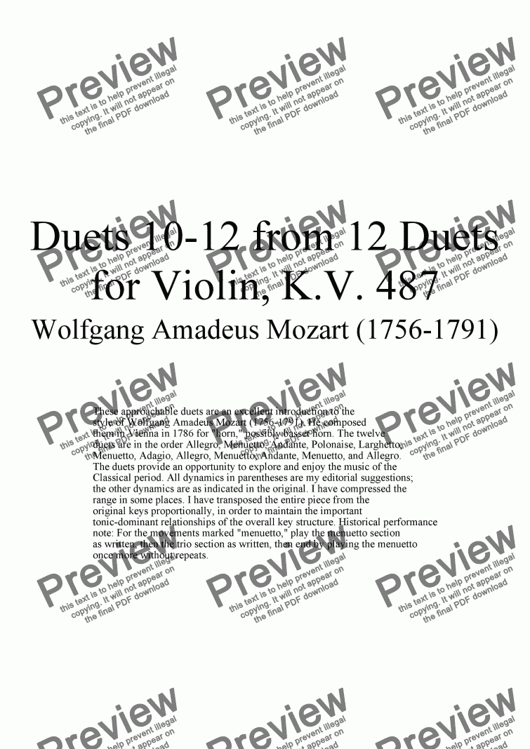 page one of Duets 10-12 from 12 violin duets - Twelve duets by Mozart, KV 487