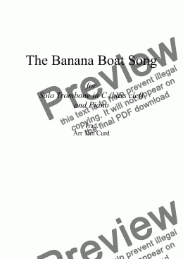 page one of The Banana Boat Song. For Solo Trombone/Euphonium in C (bass clef) and Piano