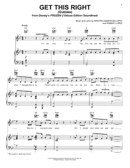 page one of Get This Right - Outtake (from Disney's Frozen 2) (Piano, Vocal & Guitar Chords (Right-Hand Melody))