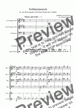 page one of Album für die Jugend - op. 68 - Soldatenmarsch - arr. for Brass quartet with Snare Drum and  Cimbals