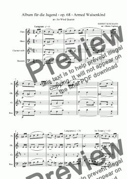 page one of Album für die Jugend - op. 68 - Armed Waisenkind - arr. for Wind quartet