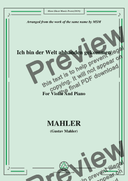 page one of Mahler-Ich bin der Welt abhanden gekommen, for Violin and Piano