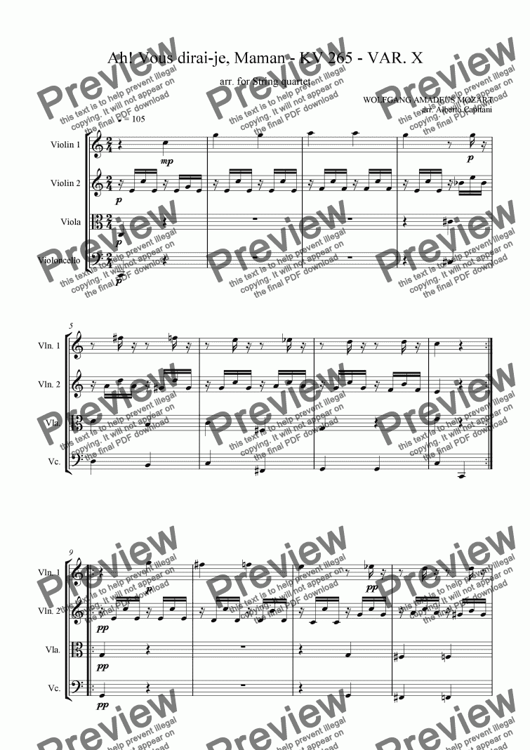 page one of Ah! Vous dirai-je, Maman - KV 265 - VAR. X - arr. String quartet