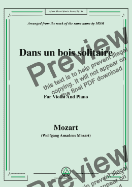 page one of Mozart-Dans un bois solitaire,for Violin and Piano