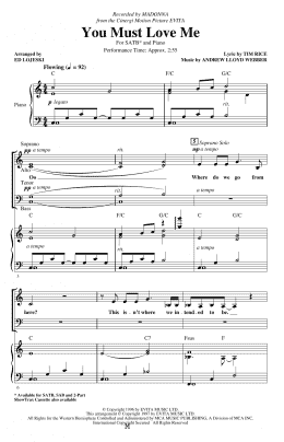 page one of You Must Love Me (from Evita) (arr. Ed Lojeski) (SATB Choir)