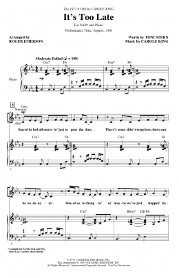 page one of It's Too Late (arr. Roger Emerson) (SAB Choir)