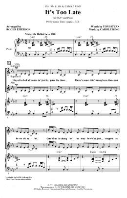page one of It's Too Late (arr. Roger Emerson) (SSA Choir)