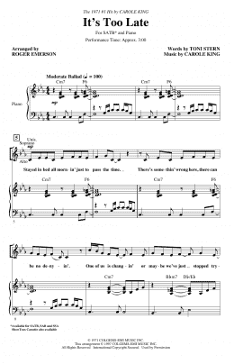 page one of It's Too Late (arr. Roger Emerson) (SATB Choir)