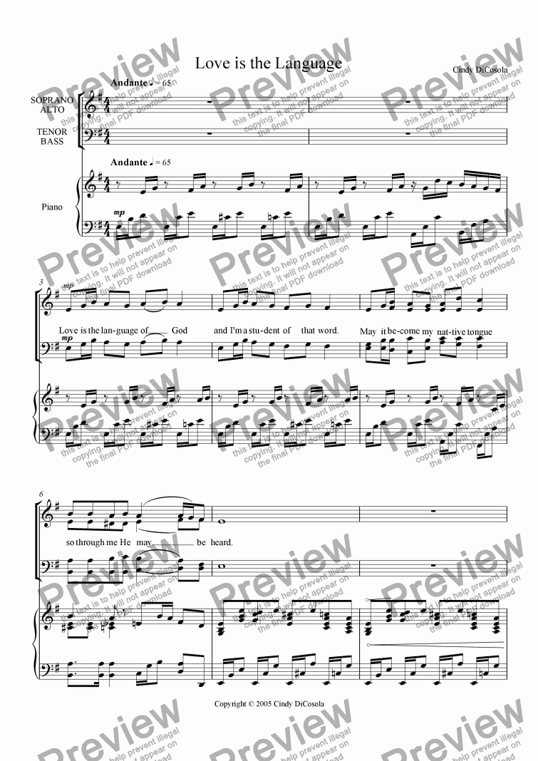 page one of Love is the Language - SATB w/piano