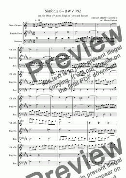 page one of Sinfonia 6 - BWV 792 - arr. for Oboe d’Amore, English Horn and Bassoon