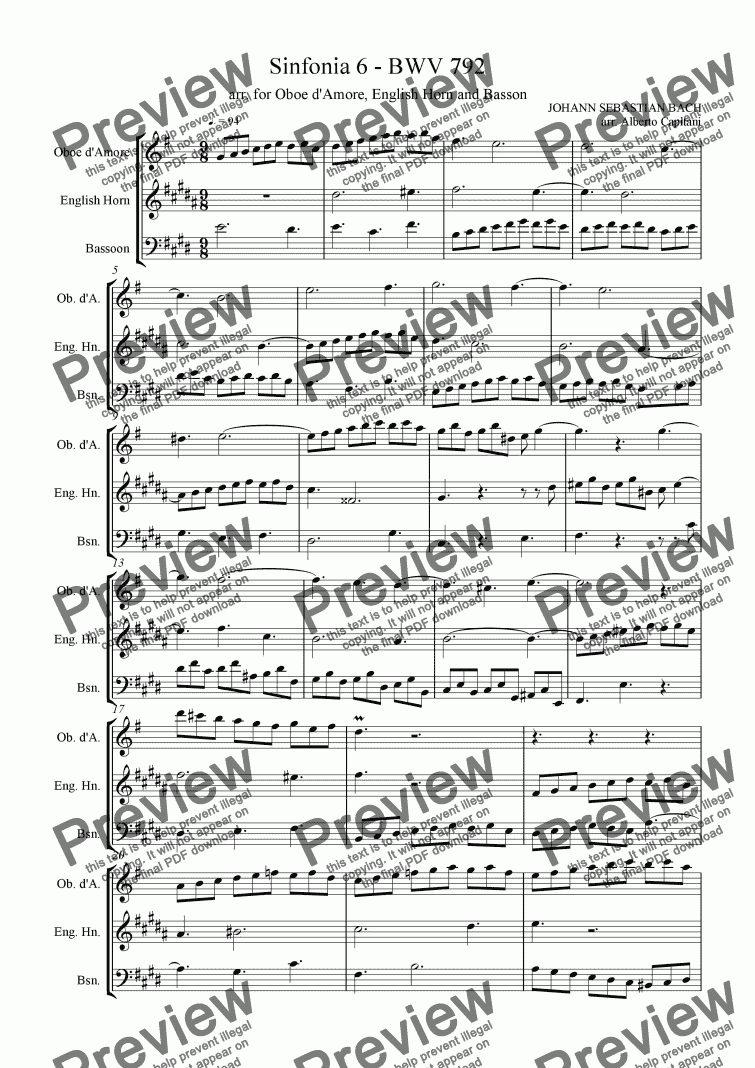page one of Sinfonia 6 - BWV 792 - arr. for Oboe d’Amore, English Horn and Bassoon