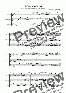 page one of Sinfonia 8 - BWV 794 - arr. for Alto Flute, English Horn and Bassoon