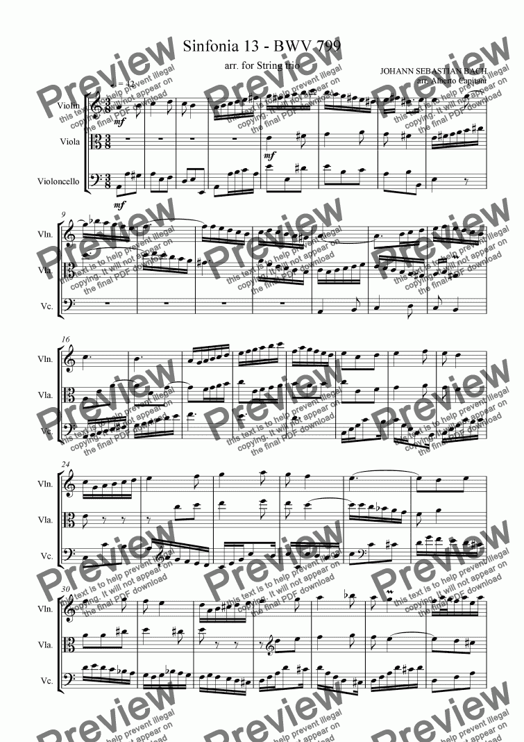 page one of Sinfonia 13 - BWV 799 - arr. for String trio