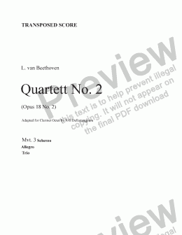 page one of Beethoven String Quartet No. 2 (Mvt. 3) Transp. score