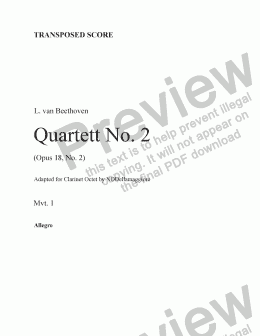 page one of Beethoven String Quartet No. 2 (Mvt. 1) Transp. score