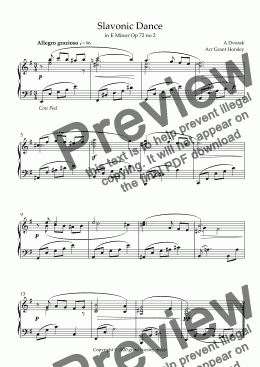 page one of Slavonic Dance in E minor  op 72 no 2 -Piano solo Intermediate