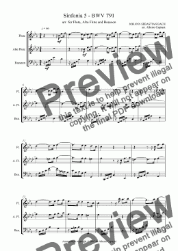 page one of Sinfonia 5 - BWV 791 - arr. for Flute, Alto Flute and Bassoon