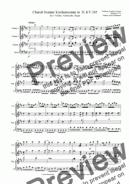 page one of Mozart Church Sonata KV245 for 2 Violins, Organ, Basso