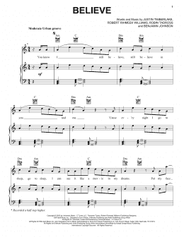 page one of Believe (feat. Justin Timberlake) (Piano, Vocal & Guitar Chords (Right-Hand Melody))