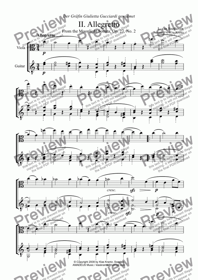 page one of Moonlight sonata - Allegretto for viola and guitar