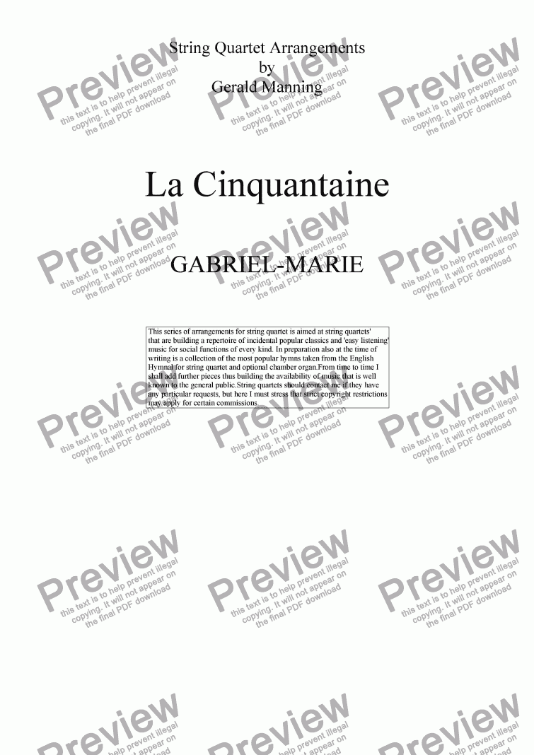 page one of GABRIEL-MARIE - La Cinquantaine arr. for String Quartet by Gerald Manning