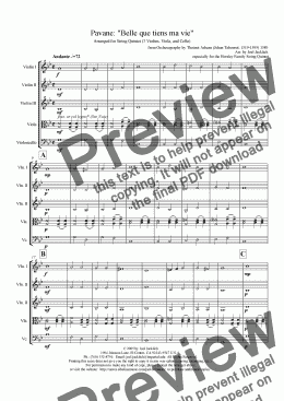 page one of Pavane: Belle que tiens ma vie (String Quintet - 3 violins, viola, and cello)
