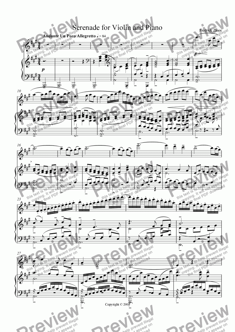 page one of Serenade for Violin and Piano