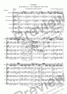 page one of Courante from from Suite No. 1 in G Major for Solo Cello (arranged for Solo Euphonium amd Brass Quintet)