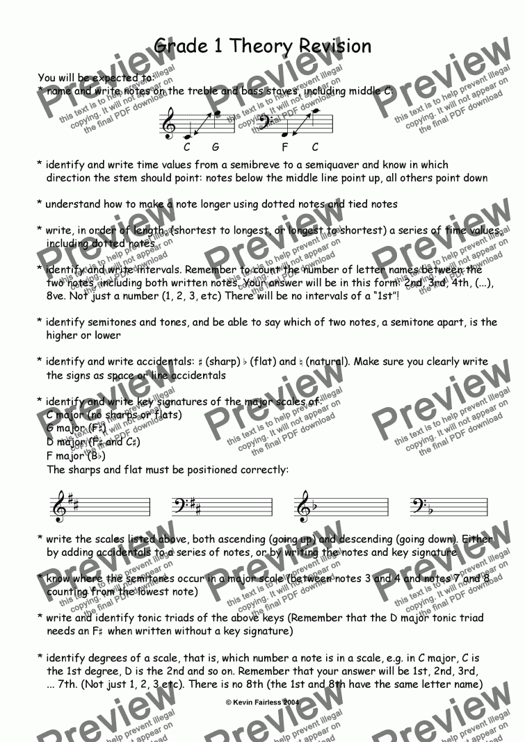 page one of Grade 1 Theory Revision Sheet