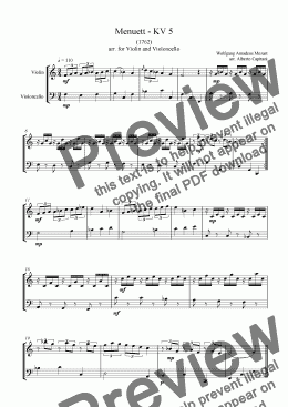 page one of Menuett - KV 5 - arr. for Violin and Violoncello